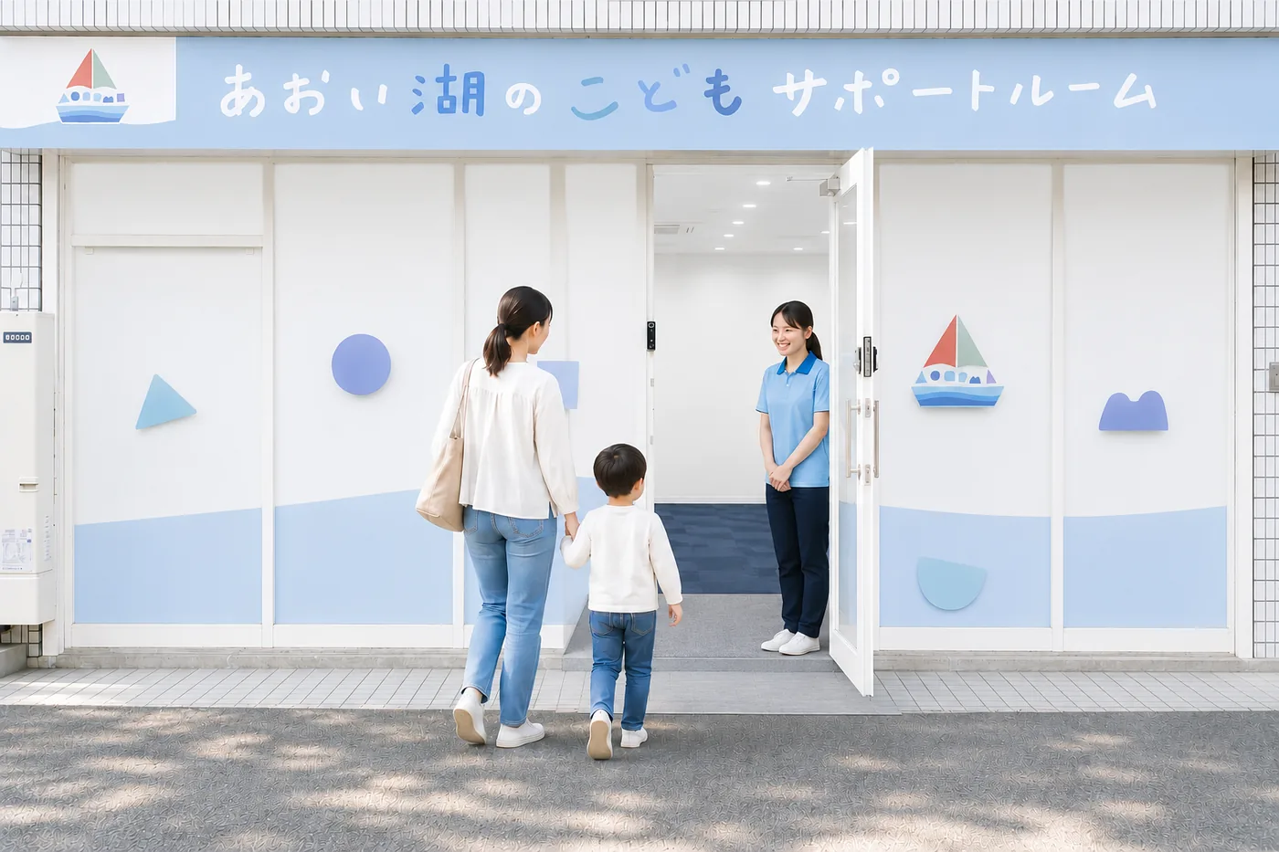 親子が教室に来所し、スタッフが笑顔で迎えているイメージ